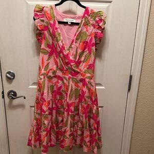 Taylor Women's Midi Dress with Pink and Green Floral Design 100% Cotton Size L